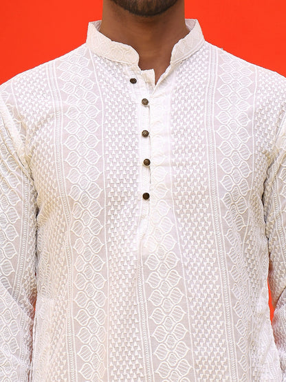 Men’s White Geometric Chikankari Kurta – Pure Cotton, Mandarin Collar
