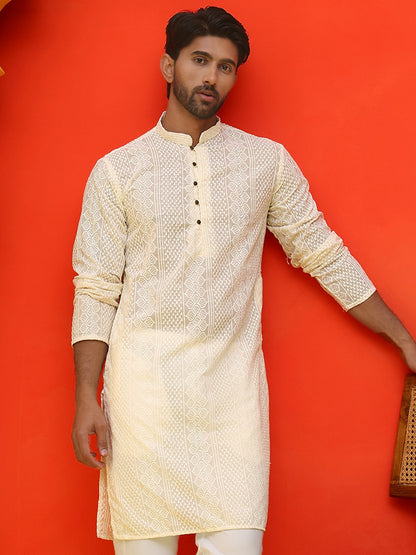 Men’s Cream Geometric Chikankari Kurta – Pure Cotton, Mandarin Collar