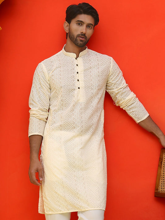 Men’s Cream Geometric Chikankari Kurta – Pure Cotton, Mandarin Collar