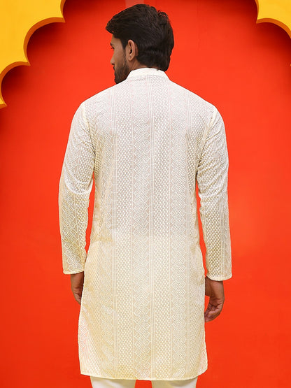 Men’s Cream Geometric Chikankari Kurta – Pure Cotton, Mandarin Collar