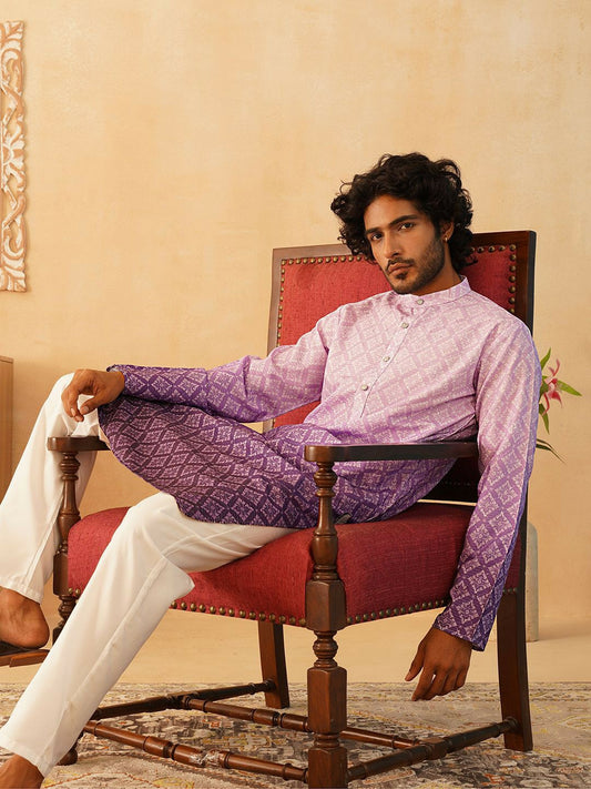 Men’s Purple Printed Band-Collar Cotton Kurta – Ethnic Chic