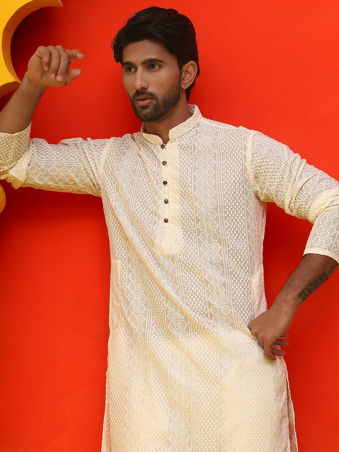 Men’s Cream Geometric Chikankari Kurta – Pure Cotton, Mandarin Collar