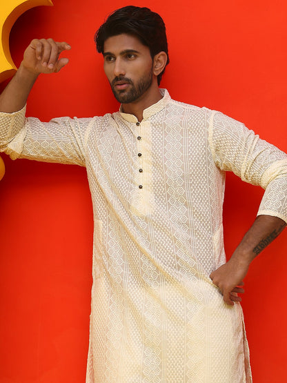 Men’s Cream Geometric Chikankari Kurta – Pure Cotton, Mandarin Collar
