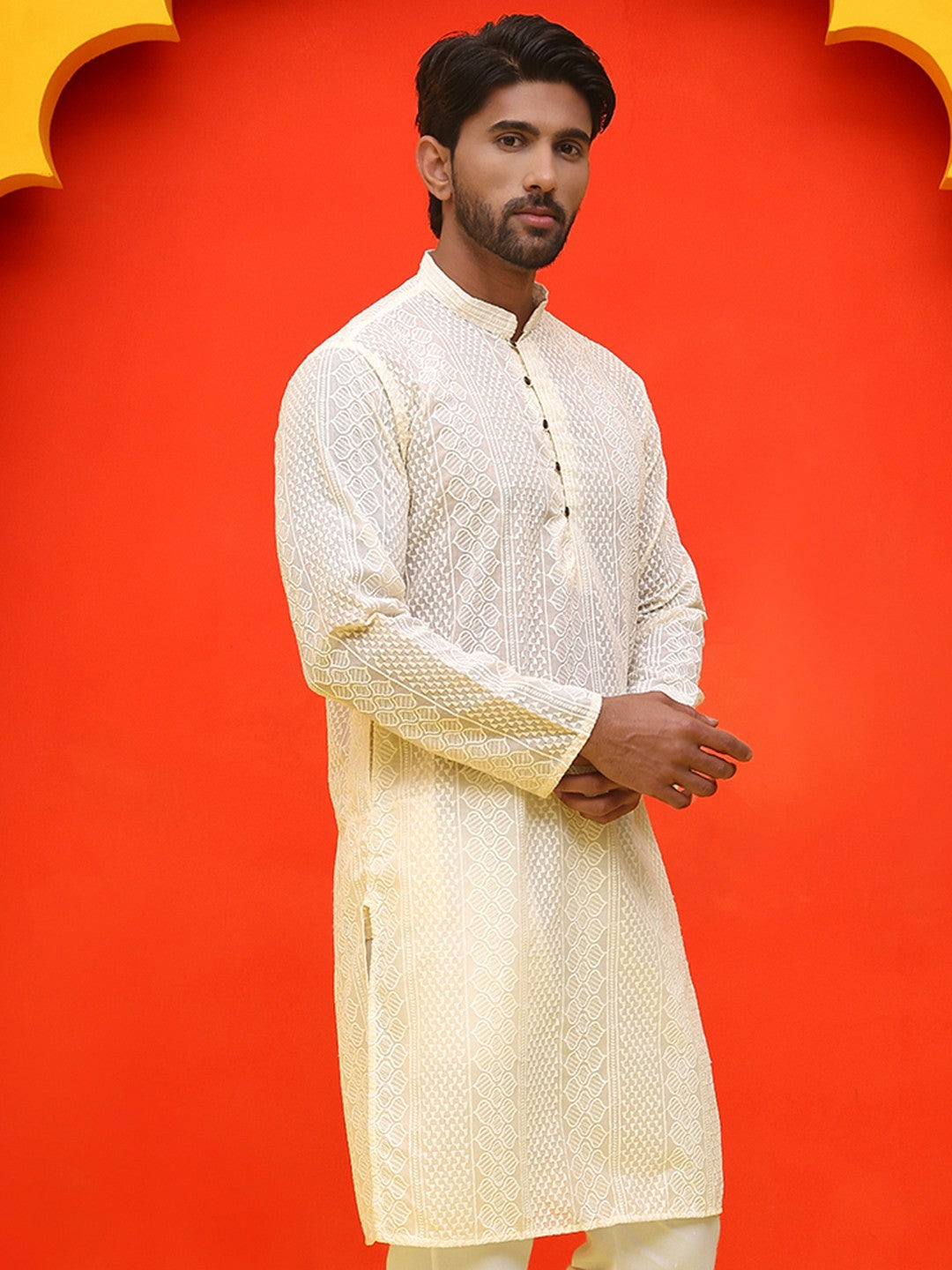 Men’s Cream Geometric Chikankari Kurta – Pure Cotton, Mandarin Collar