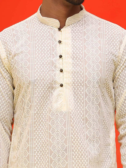 Men’s Cream Geometric Chikankari Kurta – Pure Cotton, Mandarin Collar