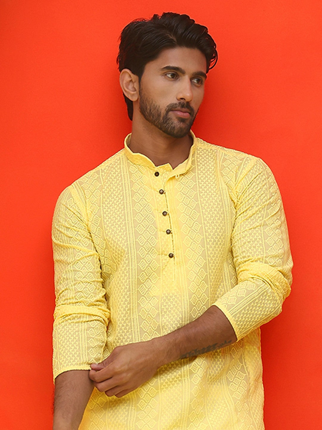 Men’s Yellow Geometric Chikankari Kurta – Pure Cotton, Mandarin Collar