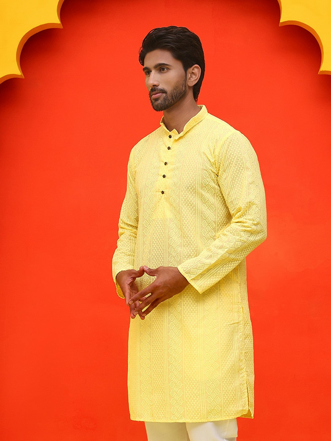 Men’s Yellow Geometric Chikankari Kurta – Pure Cotton, Mandarin Collar