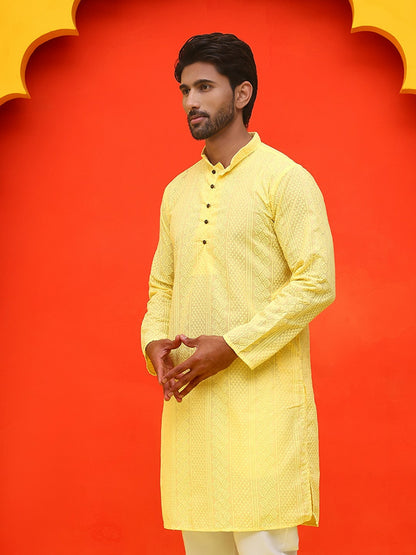 Men’s Yellow Geometric Chikankari Kurta – Pure Cotton, Mandarin Collar