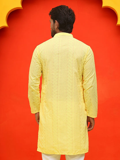 Men’s Yellow Geometric Chikankari Kurta – Pure Cotton, Mandarin Collar