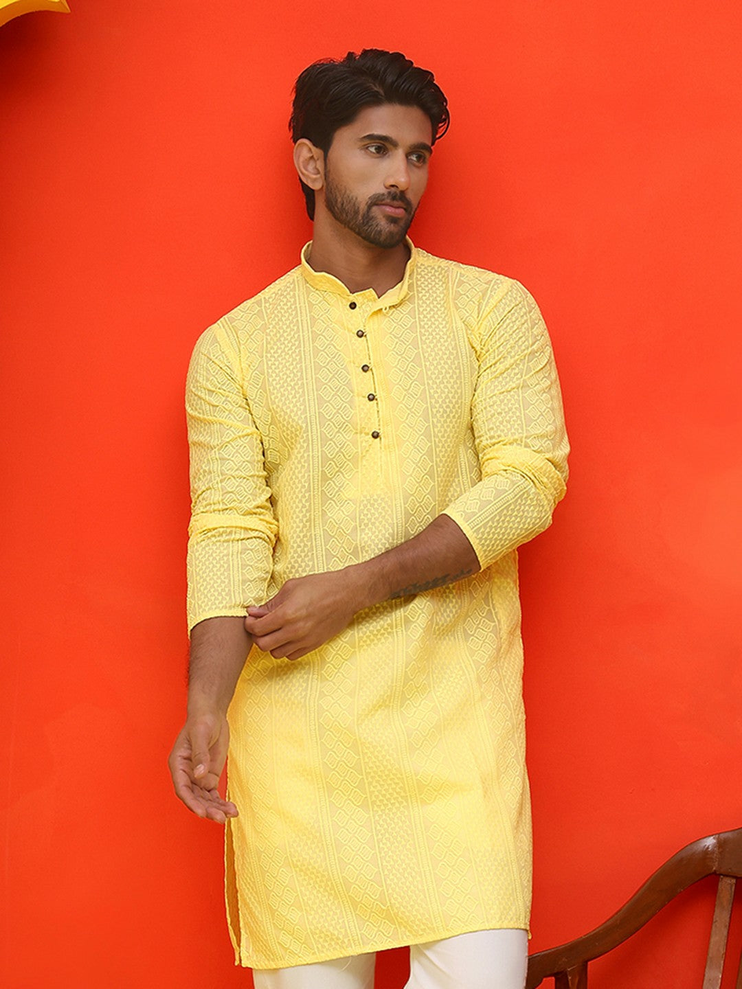 Men’s Yellow Geometric Chikankari Kurta – Pure Cotton, Mandarin Collar