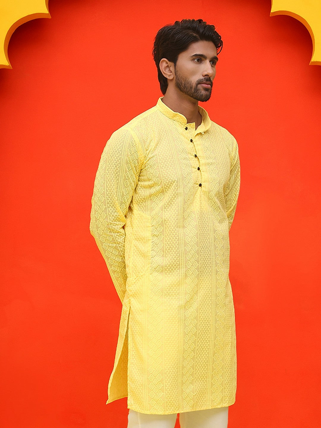 Men’s Yellow Geometric Chikankari Kurta – Pure Cotton, Mandarin Collar
