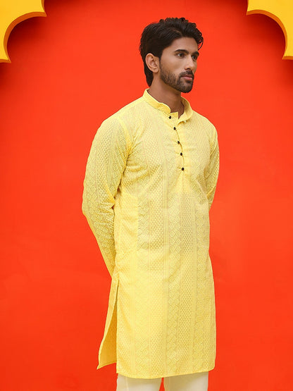 Men’s Yellow Geometric Chikankari Kurta – Pure Cotton, Mandarin Collar