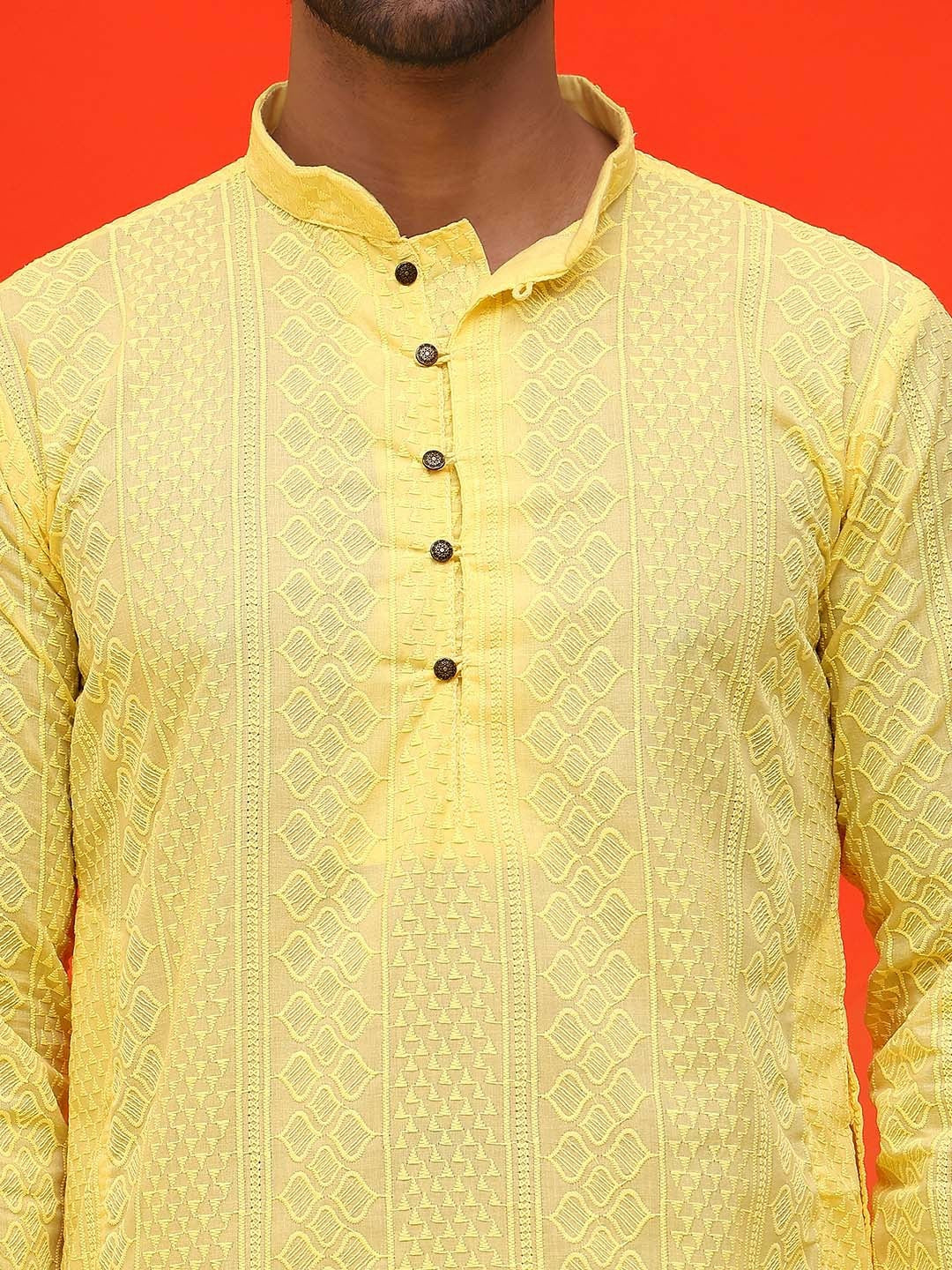 Men’s Yellow Geometric Chikankari Kurta – Pure Cotton, Mandarin Collar