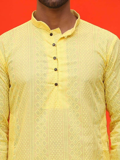 Men’s Yellow Geometric Chikankari Kurta – Pure Cotton, Mandarin Collar