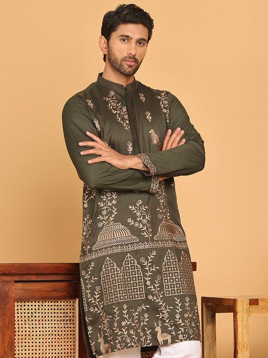 Men’s Olive Green Embroidered Thread Work Kurta – Mandarin Collar, Pure Cotton