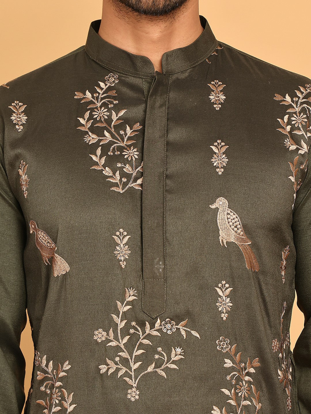 Men’s Olive Green Embroidered Thread Work Kurta – Mandarin Collar, Pure Cotton