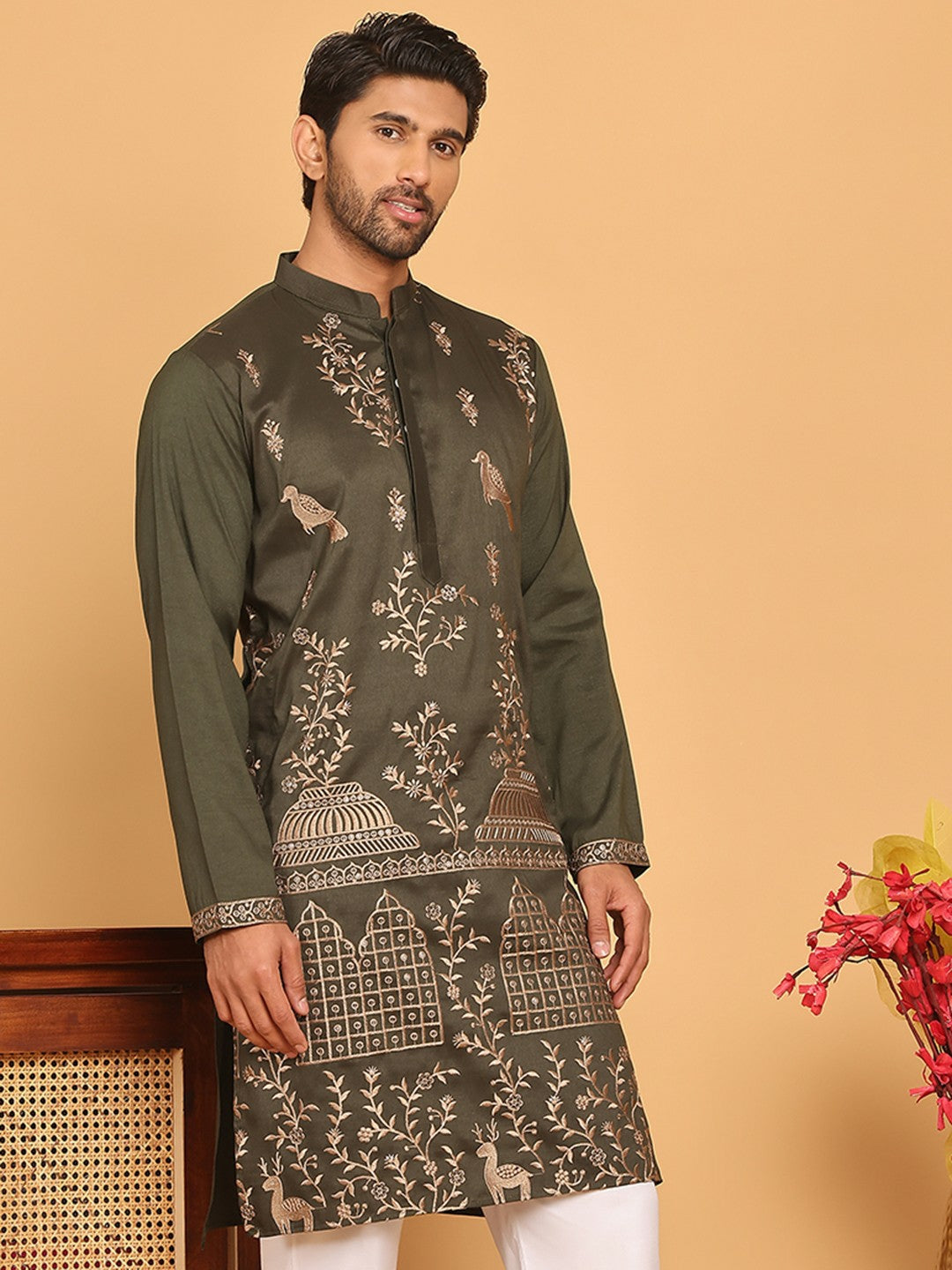 Men’s Olive Green Embroidered Thread Work Kurta – Mandarin Collar, Pure Cotton