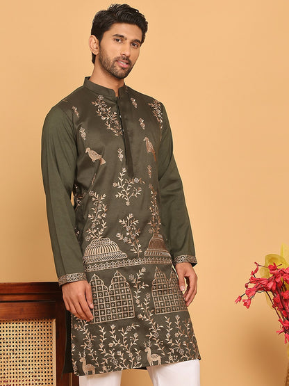 Men’s Olive Green Embroidered Thread Work Kurta – Mandarin Collar, Pure Cotton