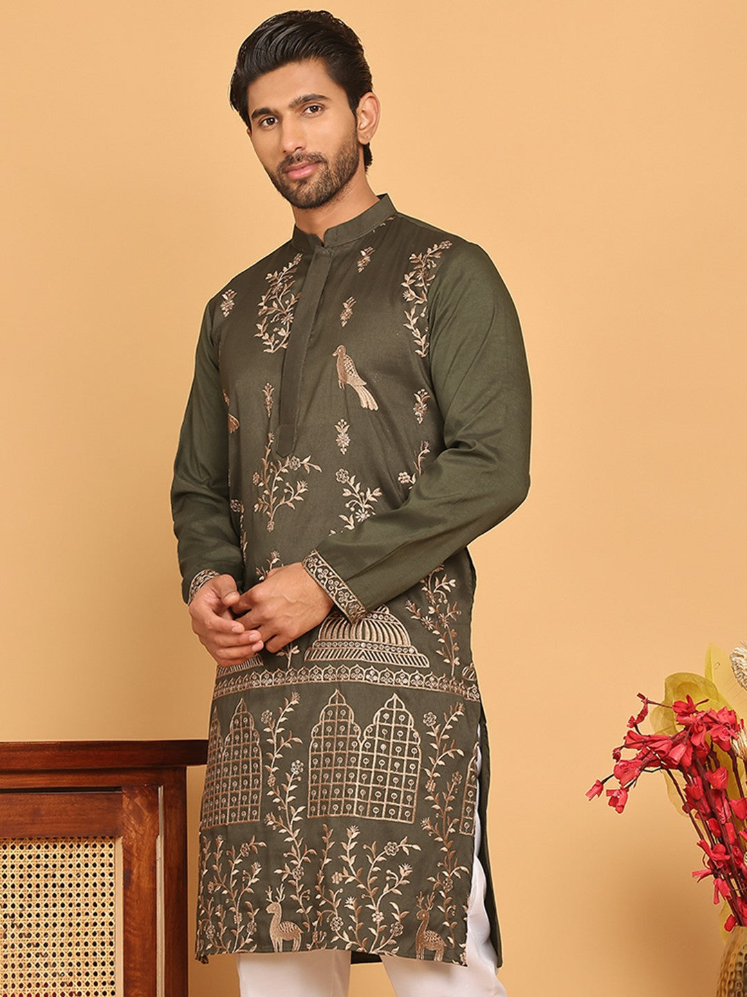 Men’s Olive Green Embroidered Thread Work Kurta – Mandarin Collar, Pure Cotton