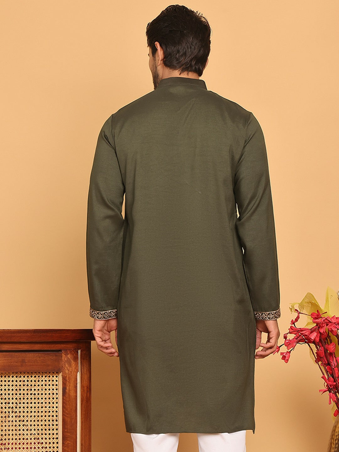 Men’s Olive Green Embroidered Thread Work Kurta – Mandarin Collar, Pure Cotton