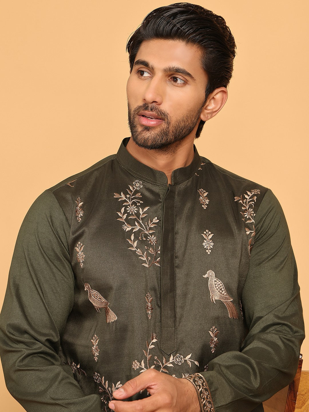 Men’s Olive Green Embroidered Thread Work Kurta – Mandarin Collar, Pure Cotton