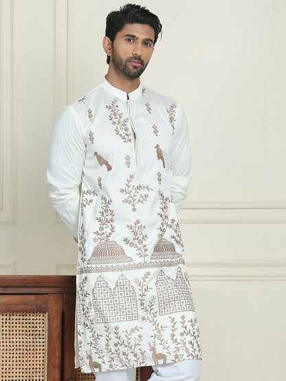 Men’s White & Brown Ethnic Motifs Embroidered Straight Kurta – Mandarin Collar, Thread Work