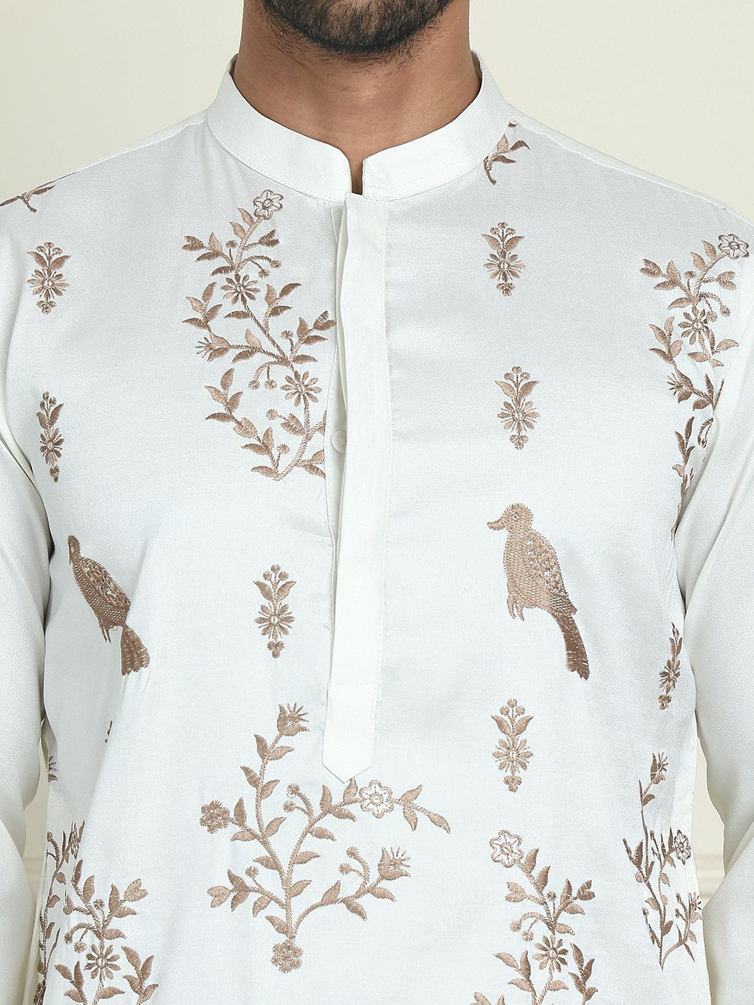 Men’s White & Brown Ethnic Motifs Embroidered Straight Kurta – Mandarin Collar, Thread Work