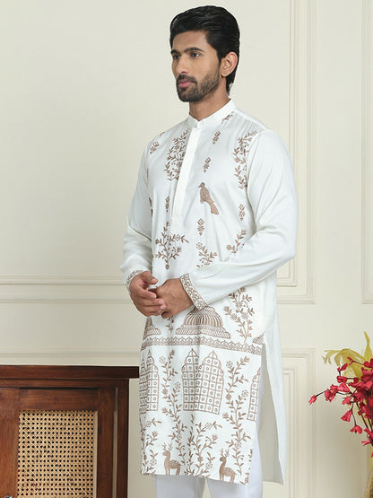 Men’s White & Brown Ethnic Motifs Embroidered Straight Kurta – Mandarin Collar, Thread Work