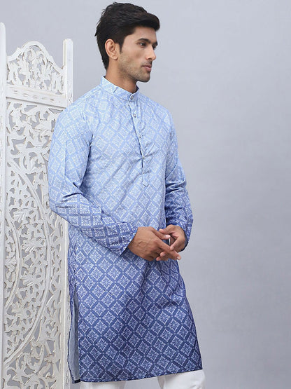 Men’s Blue Ethnic Print Kurta – Pure Cotton with Mandarin Collar