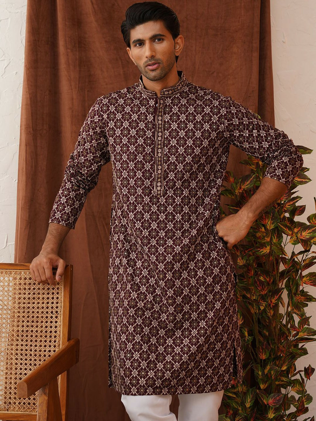 Men’s Purple Geometric Sequinned Kurta – Viscose Rayon, Mandarin Collar