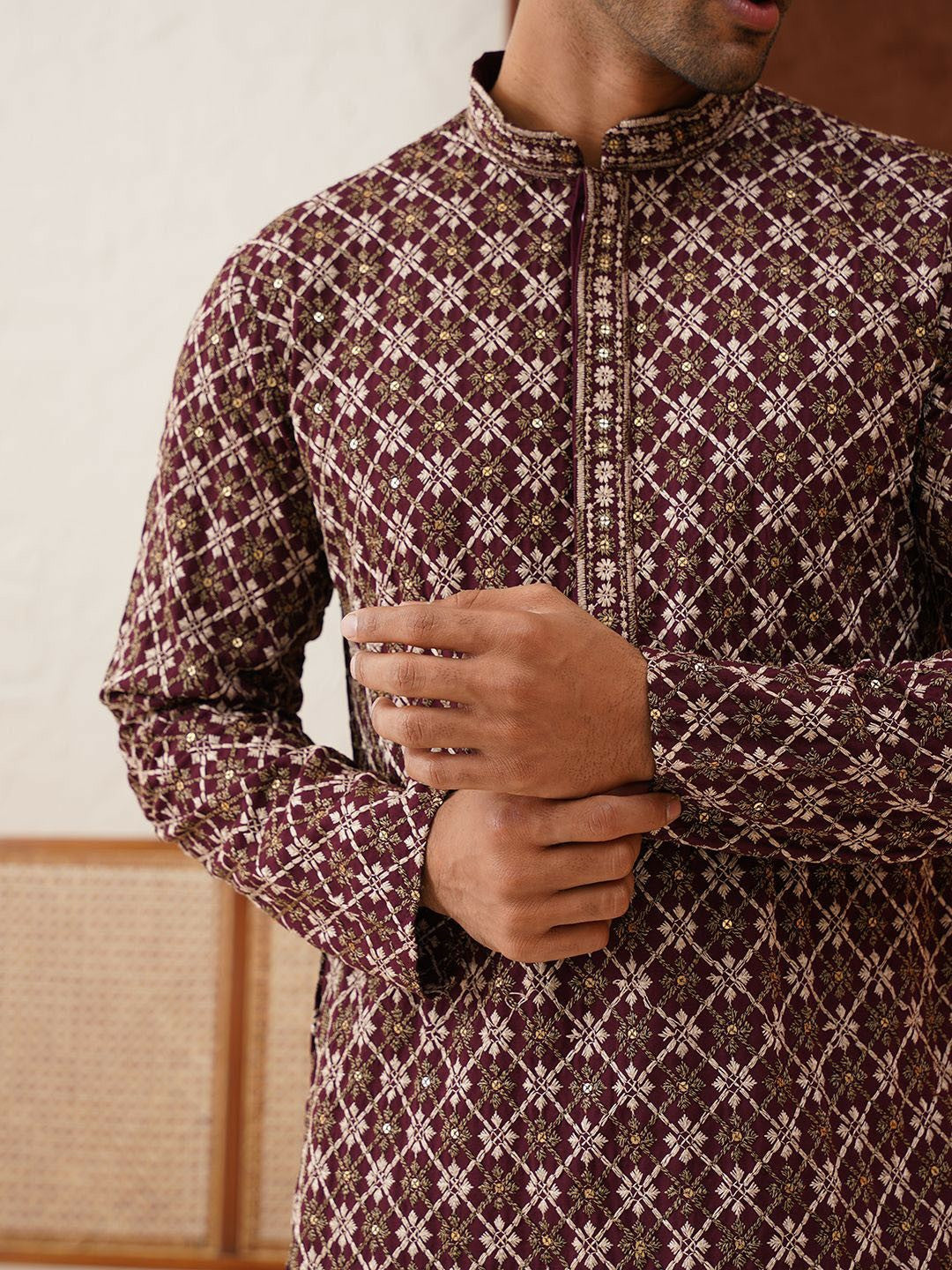 Men’s Purple Geometric Sequinned Kurta – Viscose Rayon, Mandarin Collar
