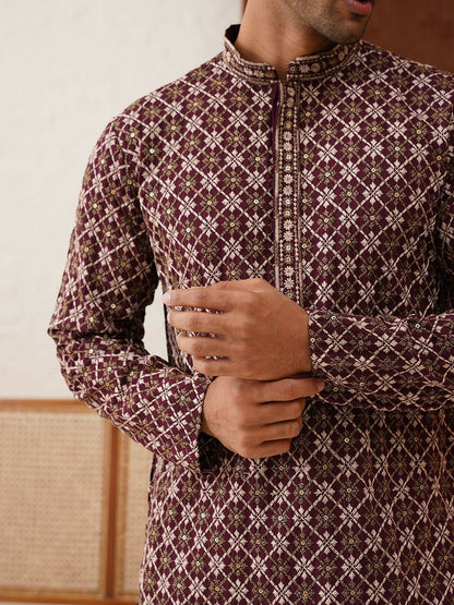 Men’s Purple Geometric Sequinned Kurta – Viscose Rayon, Mandarin Collar