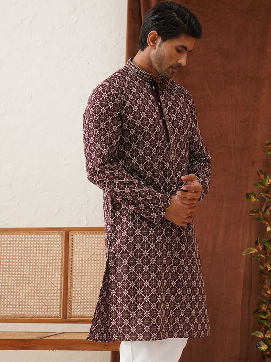 Men’s Purple Geometric Sequinned Kurta – Viscose Rayon, Mandarin Collar