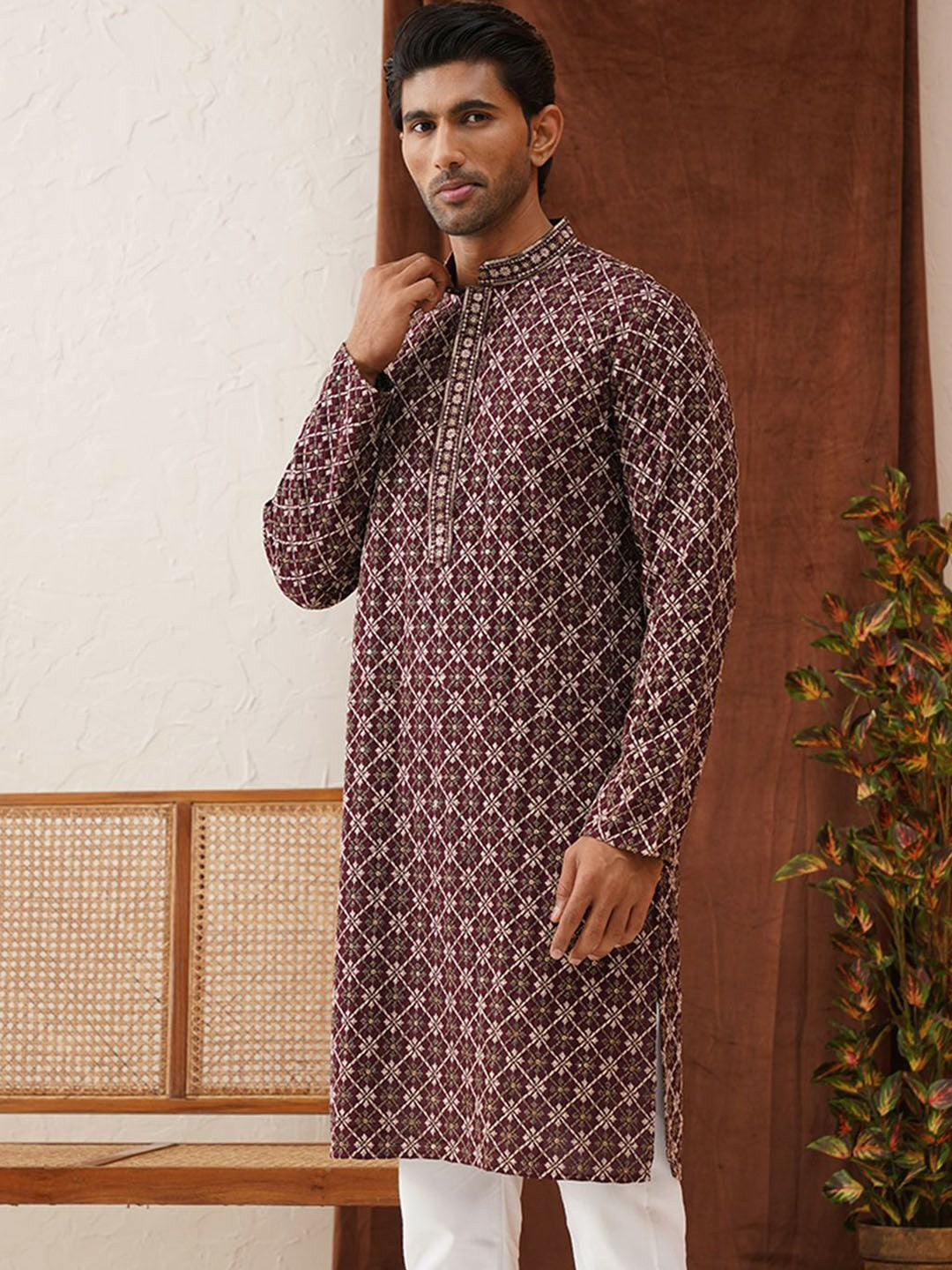 Men’s Purple Geometric Sequinned Kurta – Viscose Rayon, Mandarin Collar