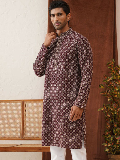 Men’s Purple Geometric Sequinned Kurta – Viscose Rayon, Mandarin Collar