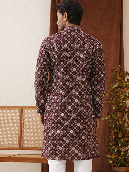 Men’s Purple Geometric Sequinned Kurta – Viscose Rayon, Mandarin Collar