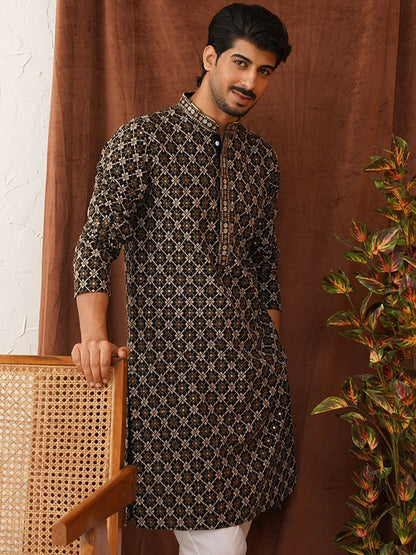 Men’s Black Geometric Sequinned Kurta – Viscose Rayon, Mandarin Collar