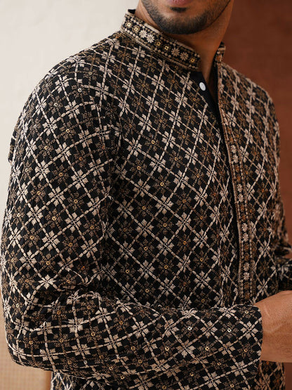 Men’s Black Geometric Sequinned Kurta – Viscose Rayon, Mandarin Collar