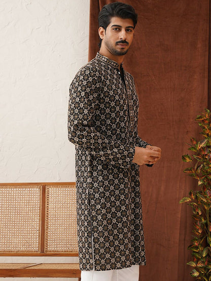 Men’s Black Geometric Sequinned Kurta – Viscose Rayon, Mandarin Collar