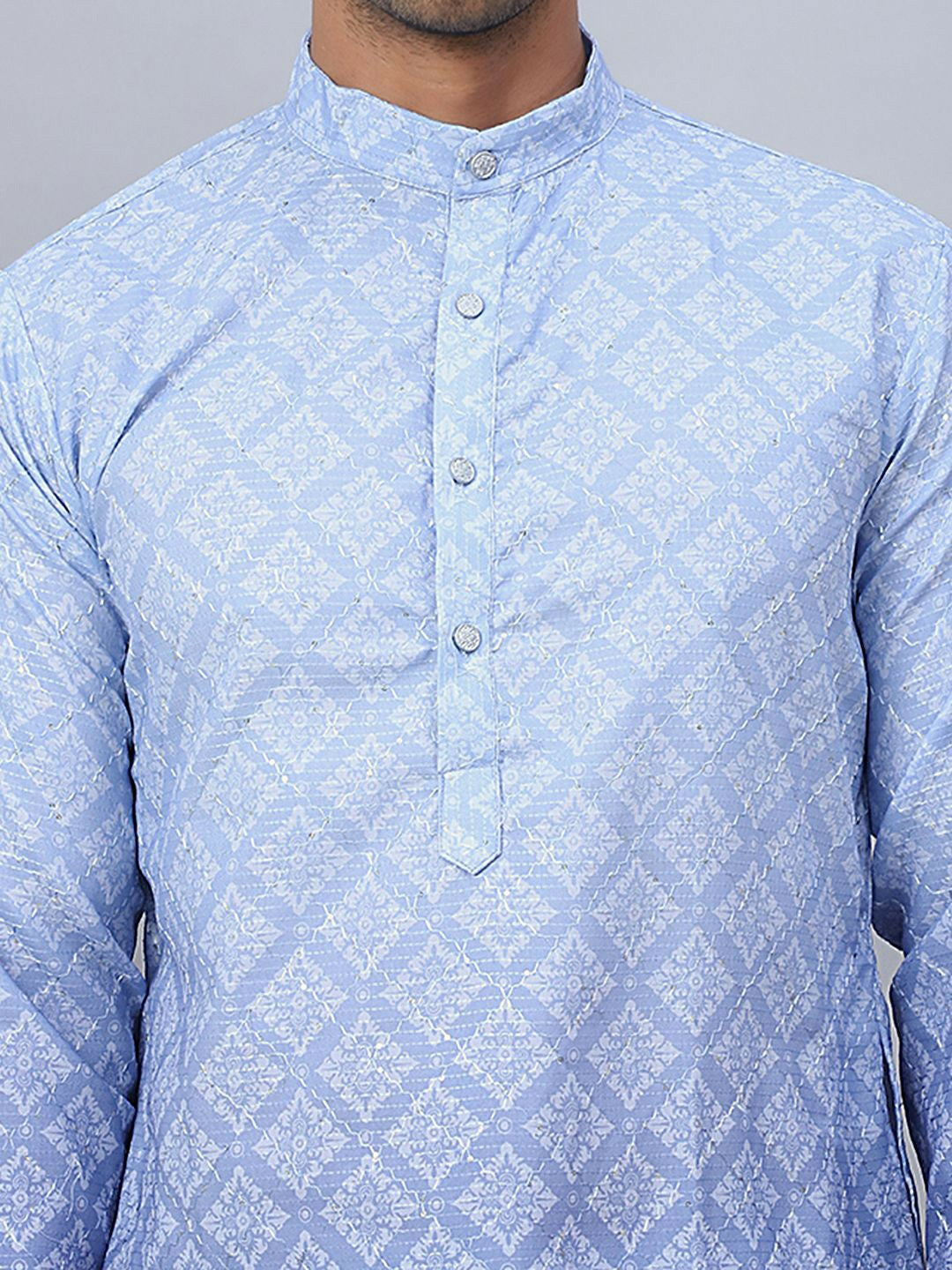 Men’s Blue Ethnic Print Kurta – Pure Cotton with Mandarin Collar
