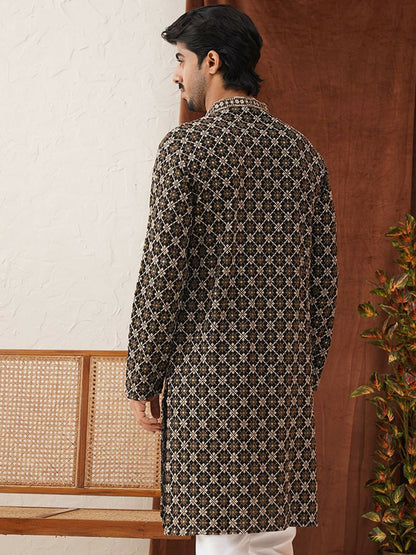 Men’s Black Geometric Sequinned Kurta – Viscose Rayon, Mandarin Collar