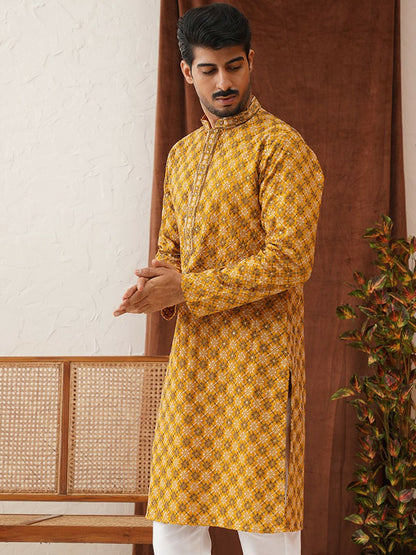 Men’s Yellow Geometric Sequinned Kurta – Viscose Rayon, Mandarin Collar