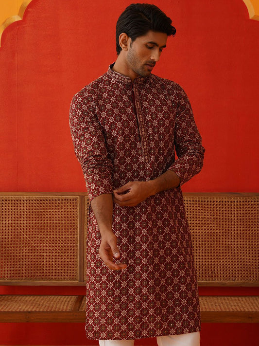 Men’s Maroon Geometric Sequinned Kurta – Viscose Rayon, Mandarin Collar