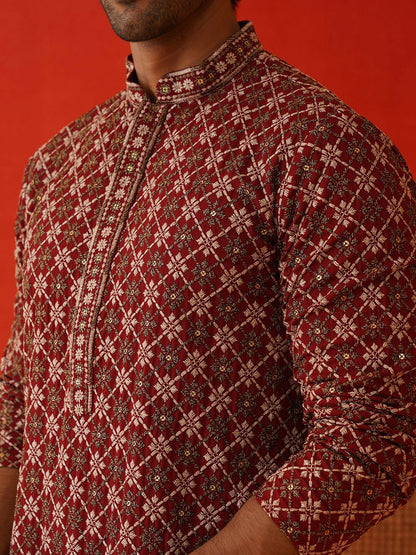 Men’s Maroon Geometric Sequinned Kurta – Viscose Rayon, Mandarin Collar