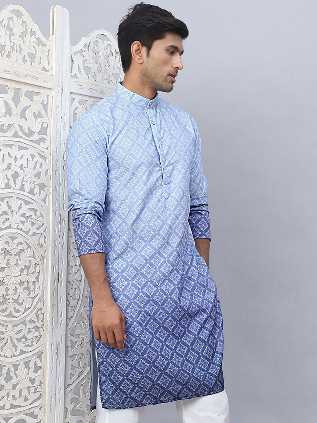Men’s Blue Ethnic Print Kurta – Pure Cotton with Mandarin Collar