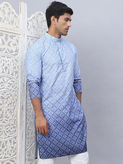 Men’s Blue Ethnic Print Kurta – Pure Cotton with Mandarin Collar