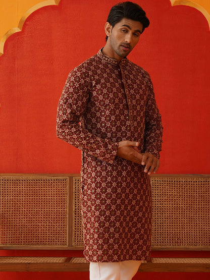 Men’s Maroon Geometric Sequinned Kurta – Viscose Rayon, Mandarin Collar