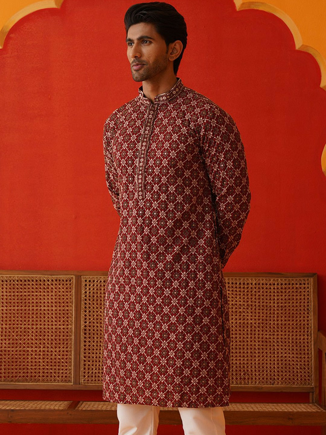 Men’s Maroon Geometric Sequinned Kurta – Viscose Rayon, Mandarin Collar