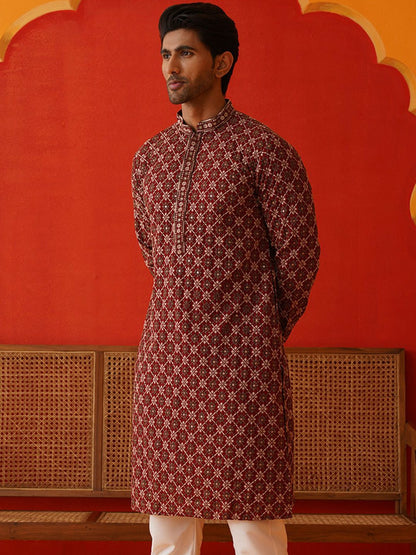 Men’s Maroon Geometric Sequinned Kurta – Viscose Rayon, Mandarin Collar