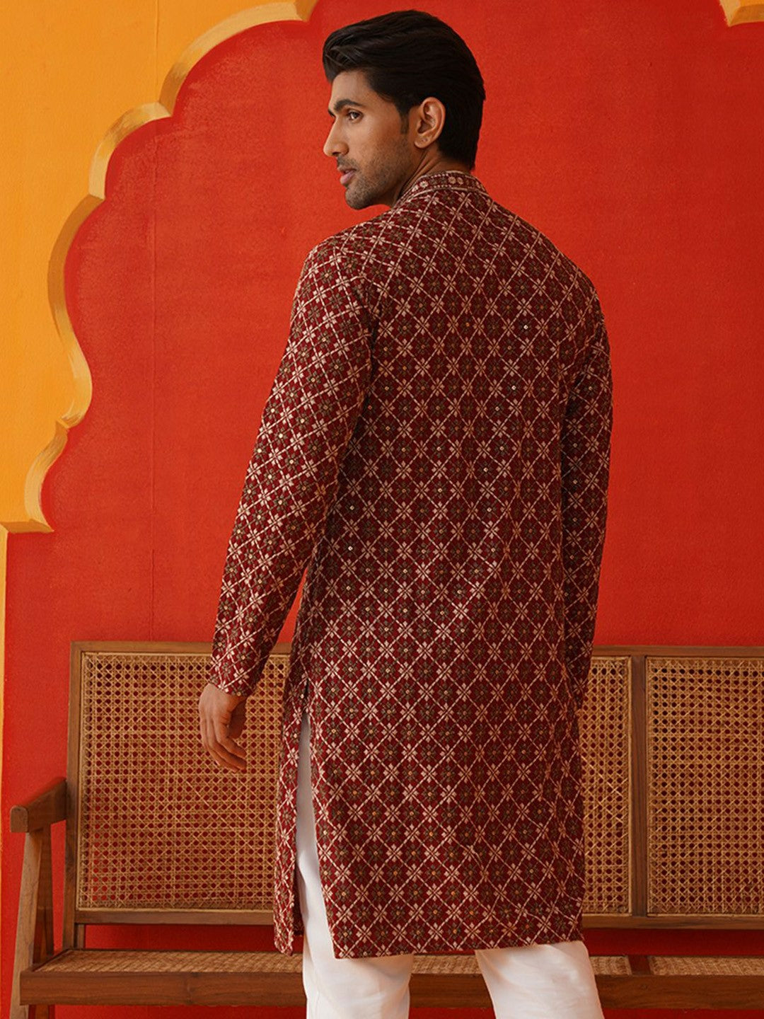 Men’s Maroon Geometric Sequinned Kurta – Viscose Rayon, Mandarin Collar